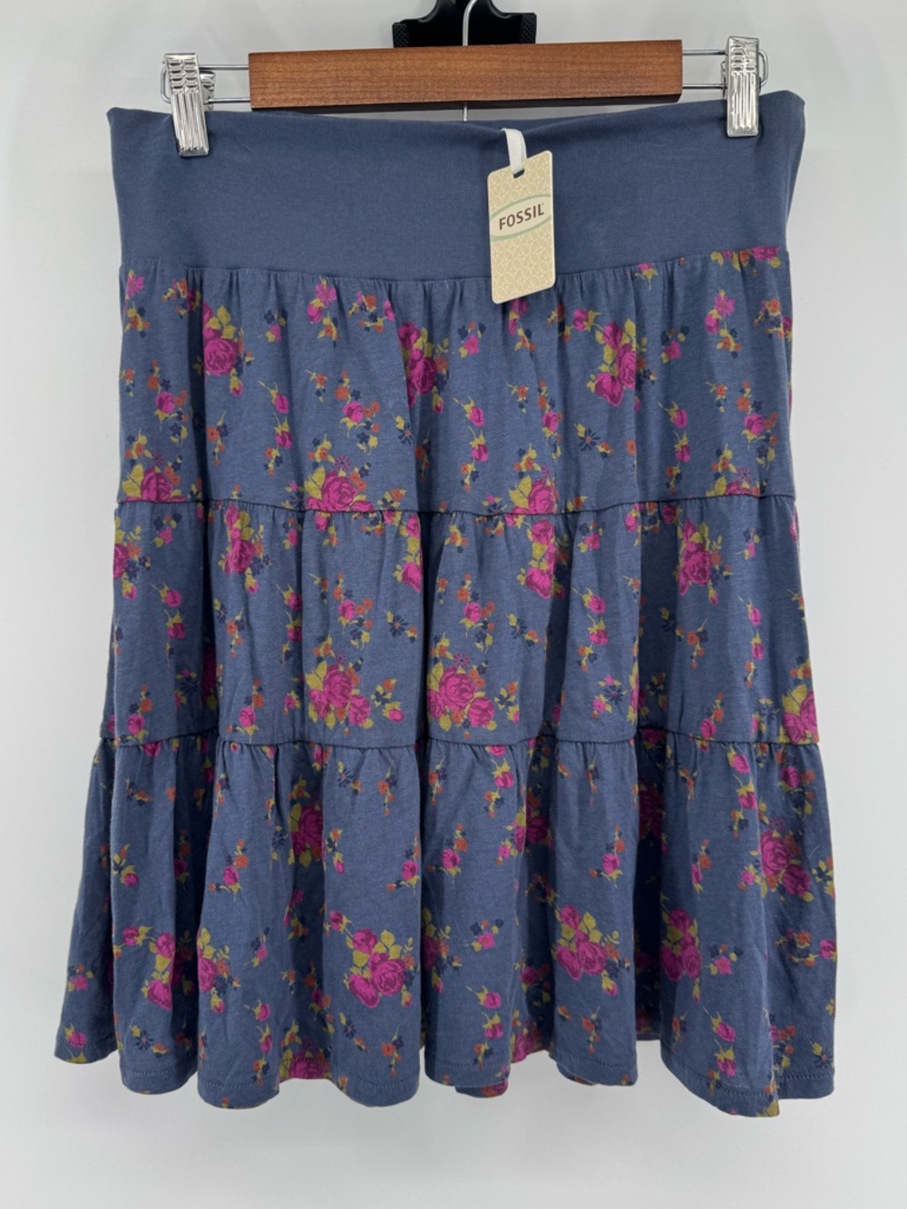 Fossil Grayish Blue A-Line Skirt with Pink Floral Print Women's Sz med NWT